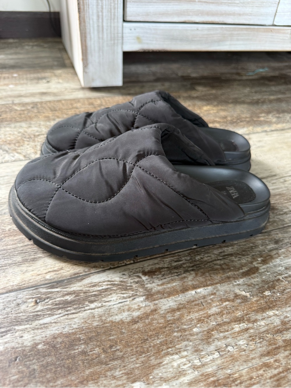 Zara black quilted slipper - hard sole. 38 (7.5-8)